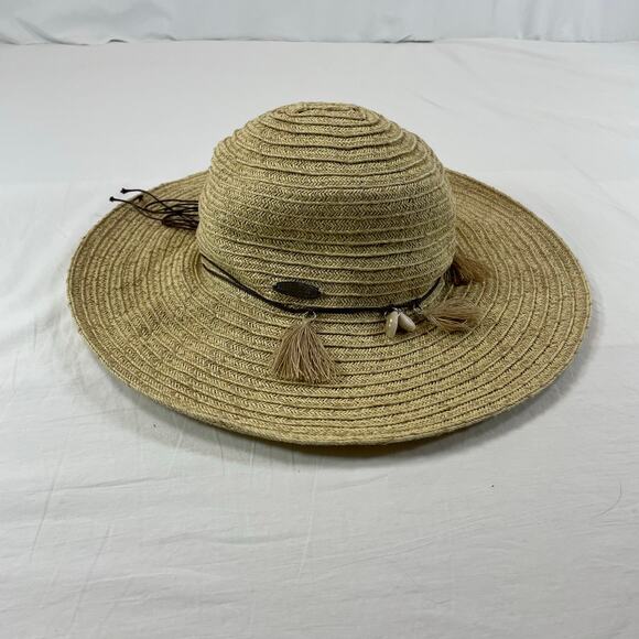 Panama Jack Shell Tassel Straw Sun Hat Tan Wide Brim Shells One Size Women